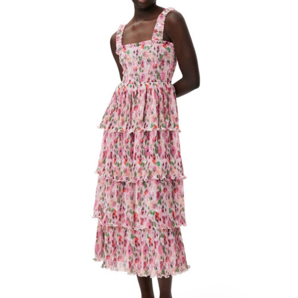 Ganni PLEATED GEORGETTE SMOCK MIDI DRESS SUGAR PLUM